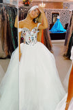 A Line Cut Glass Mirror Off-the-Shoulder Tulle Long Prom Dresses