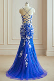 Mermaid V Neck Spaghetti Straps Tulle Slit Long Prom Dress With Appliques