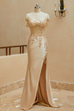 Elegant Mermaid Off The Shoulder Satin Prom Evening Dresses With Applique