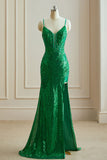 Mermaid Spaghetti Straps V Neck Sequin Slit Prom Dresses with Appliques