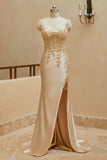Elegant Mermaid Off The Shoulder Satin Prom Evening Dresses With Applique