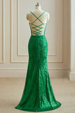 Mermaid Spaghetti Straps V Neck Sequin Slit Prom Dresses with Appliques