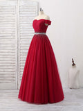 A Line Burgundy Off the Shoulder Lace up Tulle Sweetheart Floor-Length Prom Dresses