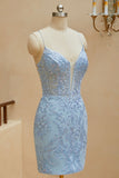 Spaghetti Straps Sheath Lace Appliques Short Hoco Dress Homecoming Dresses H1239