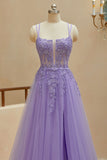 A Line Spaghetti Straps Tulle Slit Long Prom Dresses With Appliques