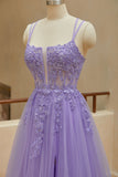 A Line Spaghetti Straps Tulle Slit Long Prom Dresses With Appliques