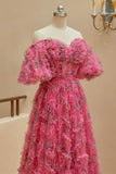 A Line Sweetheart Ruffles Sweep Train Floral Printed Chiffon Prom Dresses RJS571