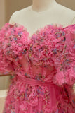 A Line Sweetheart Ruffles Sweep Train Floral Printed Chiffon Prom Dresses RJS571