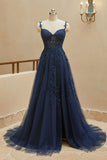 A Line Spaghetti Straps Tulle Appliques Sleeveless Long Prom Dresses
