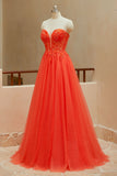 A Line Sweetheart Tulle Beaded Prom Dresses with Appliques