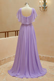 A-Line Scoop Neck Chiffon Cap Sleeves Prom Dresses With Sequin