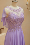 A-Line Scoop Neck Chiffon Cap Sleeves Prom Dresses With Sequin