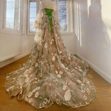 Long Sleeves Tulle Prom Dresses A Line With Applique And Pearls