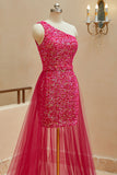 Sexy Bodycon One Shoulder Sequin Short Prom Homecoming  Dresses With Detachable Train