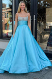 Prom Dresses A Line Spaghetti Straps With Beading Satin Sweep Train Bow-Back
