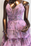 Elegant V Neck Ruffle Tiered Long Prom Dresses Floral Print Backless Evening Dresses RJS622