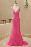 V Neck Prom Dresses Mermaid Lace With Applique And Sash Sweep Train