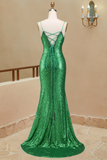 Sexy Trumpet/Mermaid Sequins Open Back Prom Dress Spaghetti Straps