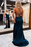 Long Blue V-Neck Criss Cross Spaghetti Straps Slit Mermaid New Style Prom Dresses RJS58