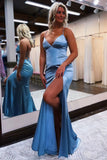 Long Blue V-Neck Criss Cross Spaghetti Straps Slit Mermaid New Style Prom Dresses RJS58