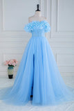 Off The Shoulder Tulle A Line Slit Prom Dresses With Flowers