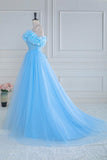 Off The Shoulder Tulle A Line Slit Prom Dresses With Flowers