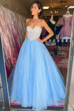 A-Line Strapless Beading Long Tulle Prom Dresses with Puff Sleeves