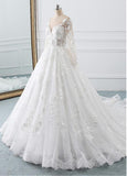 A Line Wedding Dresses Long Sleeves With Applique Tulle Covered Button Sweep Train
