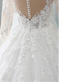 A Line Wedding Dresses Long Sleeves With Applique Tulle Covered Button Sweep Train