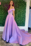 Prom Dresses A-Line Off-The-Shoulder Satin With Beading Zipper Up Back