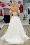 A Line Cut Glass Mirror Off-the-Shoulder Tulle Long Prom Dresses