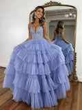 A Line Spaghetti Straps Tulle Appliqued Tiered Prom Dresses with Lace Up Back