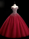 Sparkle Off The Shoulder Blue Ball Gown Prom Dresses, Puffy Tulle Quinceanera Dresses