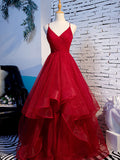 A line Red Ruffles Spaghetti Straps V Neck Prom Dresses Backless Long Evening Dresses
