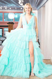 A-Line Tiered Tulle V-Neck Slit Floor Length Slit With Ruffled Prom Dress