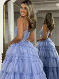 A Line Spaghetti Straps Tulle Appliqued Tiered Prom Dresses with Lace Up Back