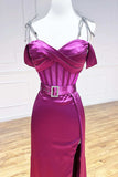 A line Spaghetti Straps Sweetheart Prom Dresses with Slit Belted RJS594