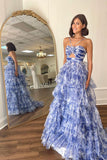 A Line Cutout Straps Floral Print Tulle Tiered Prom Dresses