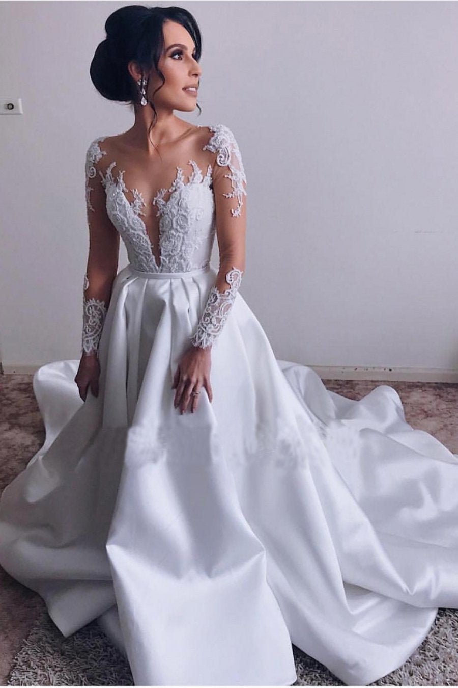A Lin Long Sleeve Satin & Lace Sweep Train Wedding Dresses Ivory Long Rjerdress