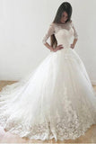 A Line 3/4 Length Sleeves Tulle Scoop Wedding Dresses With Applique Rjerdress