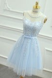 A-Line Appliques Light Sky Blue Cheap Short Tulle Homecoming Dress for Teens RJS133