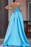 A Line Asymmetrical Straps V Neck Satin Prom Dresses With Ruffles Rjerdress