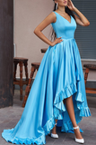 A Line Asymmetrical Straps V Neck Satin Prom Dresses With Ruffles Rjerdress
