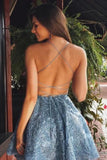A Line Backless Blue Lace Appliques Homecoming Dresses, Above Knee Cocktail Dresses
