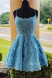 A Line Backless Blue Lace Appliques Homecoming Dresses, Above Knee Cocktail Dresses rjerdress
