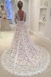 A-Line Backless Bowknot Scalloped Ivory Long Sleeve Backless Lace Wedding Dresses UK RJS330 Rjerdress