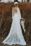 A Line Backless Lace Wedding Gowns V Neck Rustic 3/4 Sleeve Wedding Dresses Rjerdress