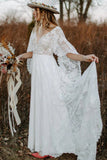 A Line Backless Lace Wedding Gowns V Neck Rustic 3/4 Sleeve Wedding Dresses