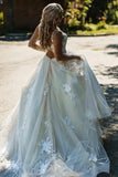 A Line Backless Tulle Beach Wedding Dresses With Floral Appliques Floral Appliques, Boho Wedding Gowns