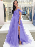 A-Line Ball Gown Sleeveless Off-The-Shoulder Ruched Tulle Prom Dresses Evening Dress Rjerdress